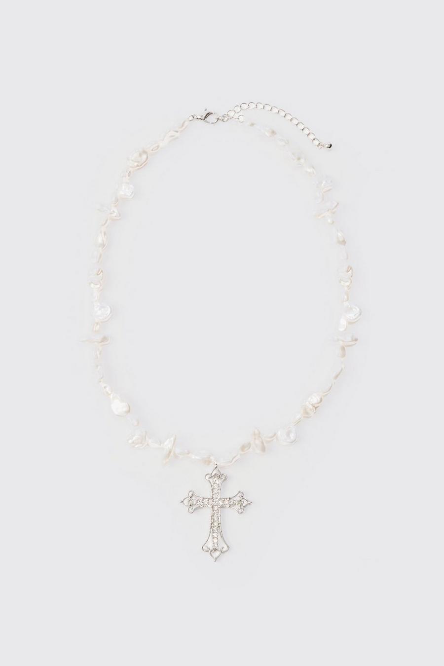 Iced Cross Pearl Necklace In Silver