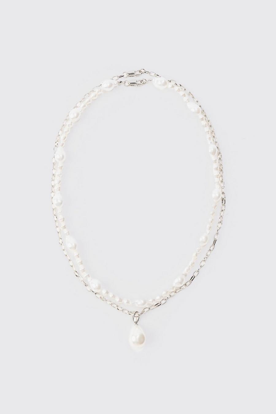 Collana color argento con pendente di perle - set di 2 paia, Silver