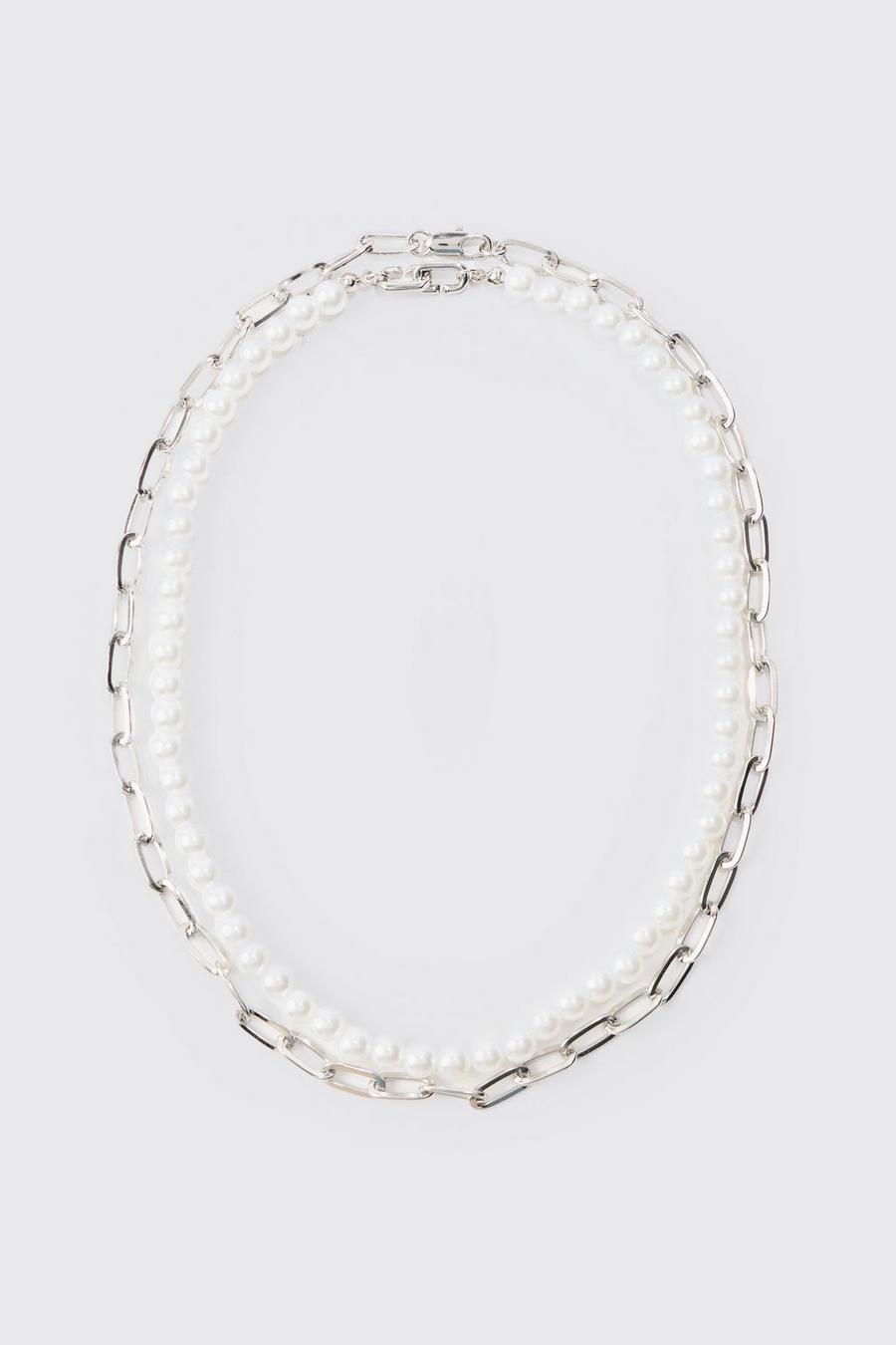 2er-Pack mehrlagige Perlen Halsketten in Silber, Silver