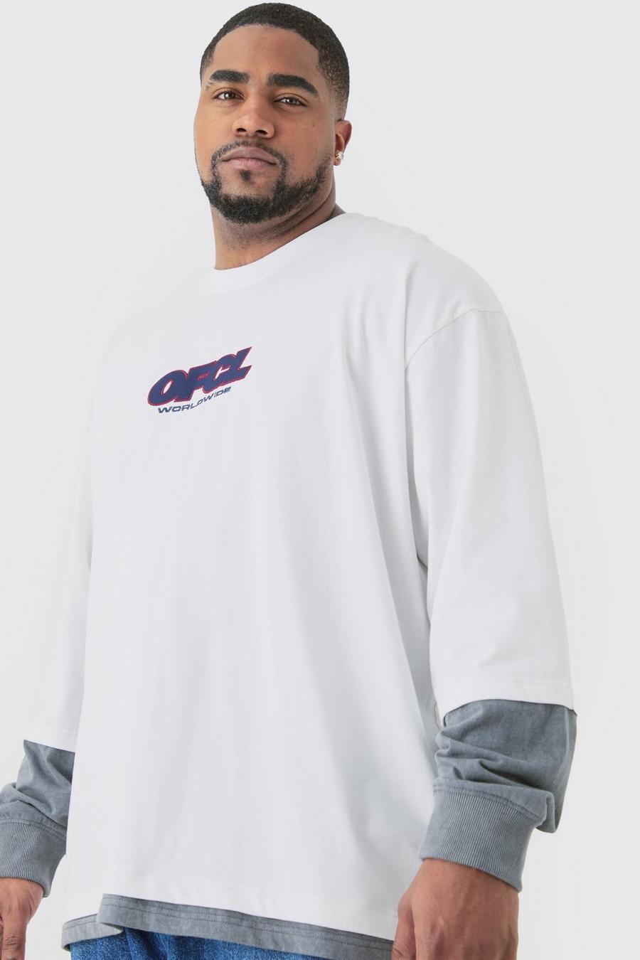 White Plus Oversized Washed Carded Heavy OFCL Faux Layer T-shirt image number 1