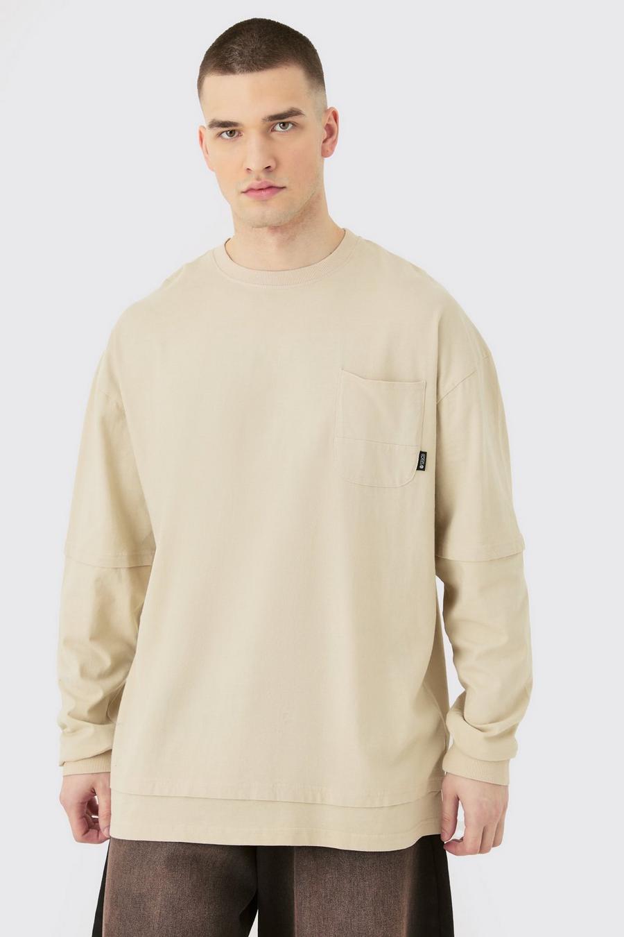 Camiseta Tall oversize desteñida con cardado y capa gruesa falsa, Light grey image number 1