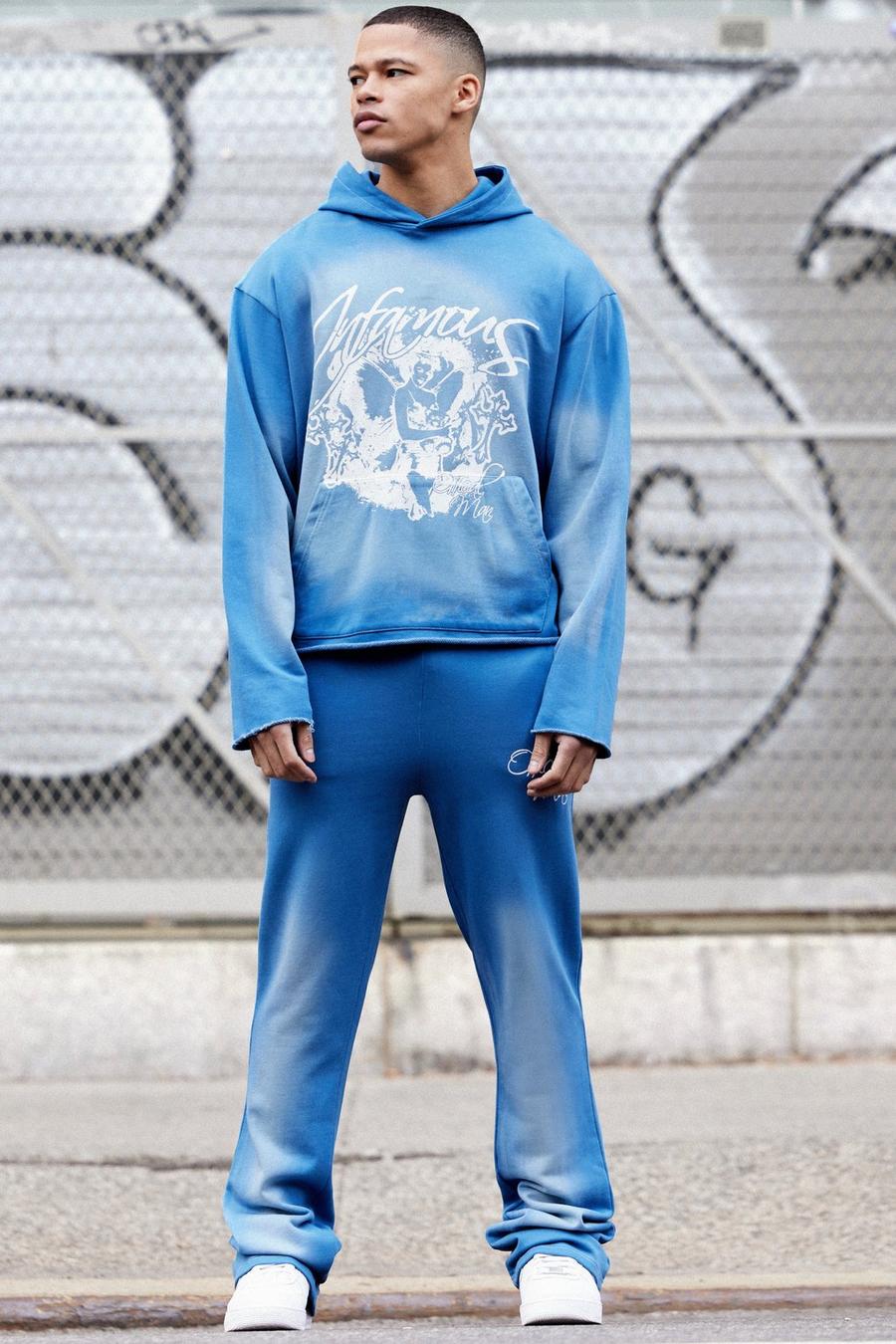 Blue Oversized Boxy Acid Wash Graphic Raw Hem Tracksuit