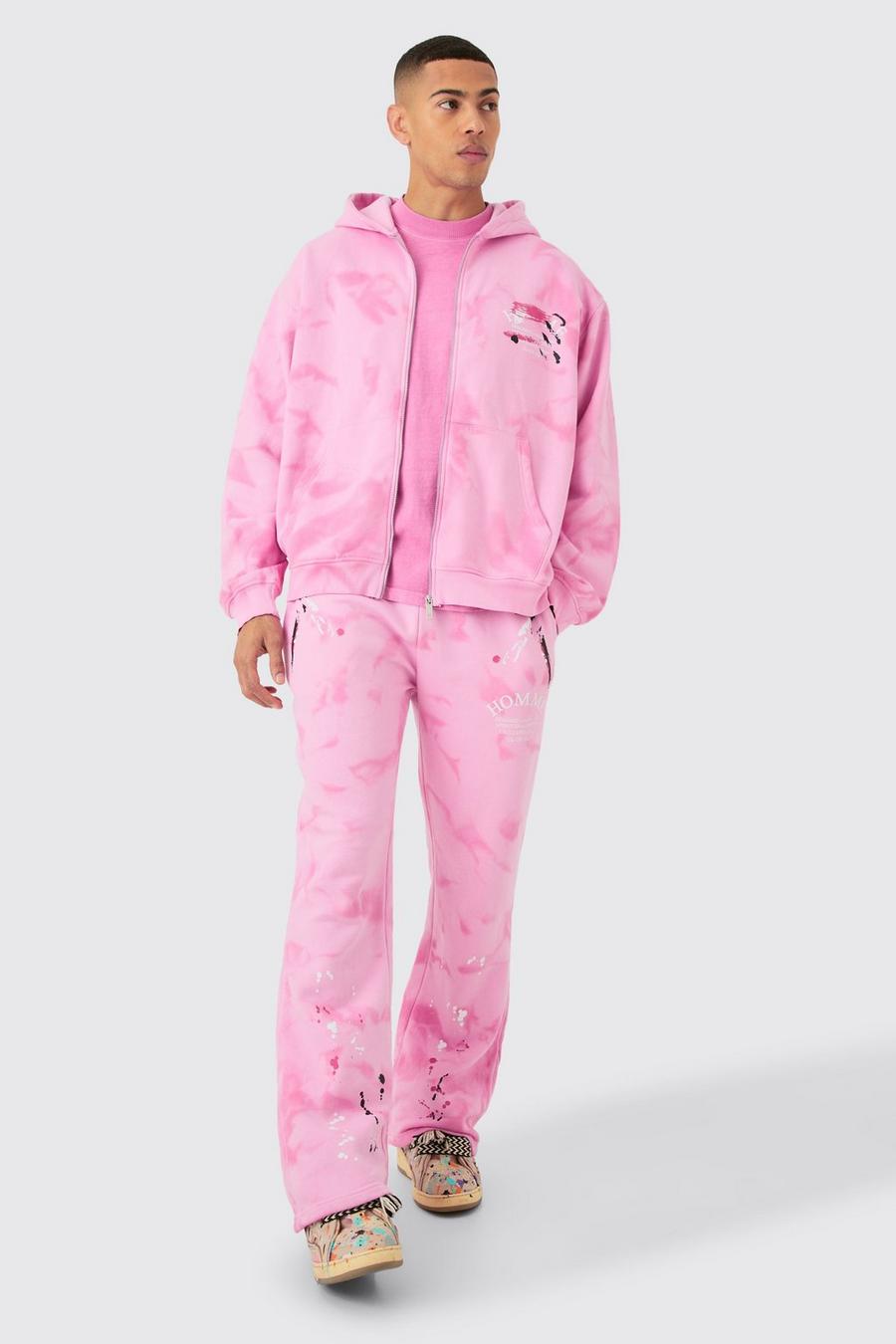 Pink Oversized Washed Homme Paint Splatter Zip Through Tracksuit
