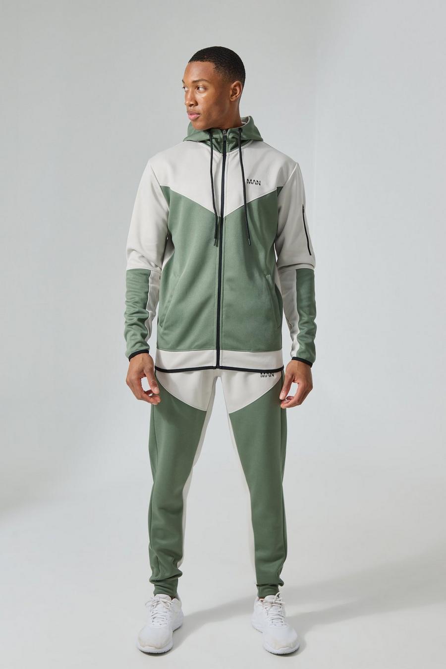 Stone Active Colour Block Funnel Hooded Tracksuit image number 1