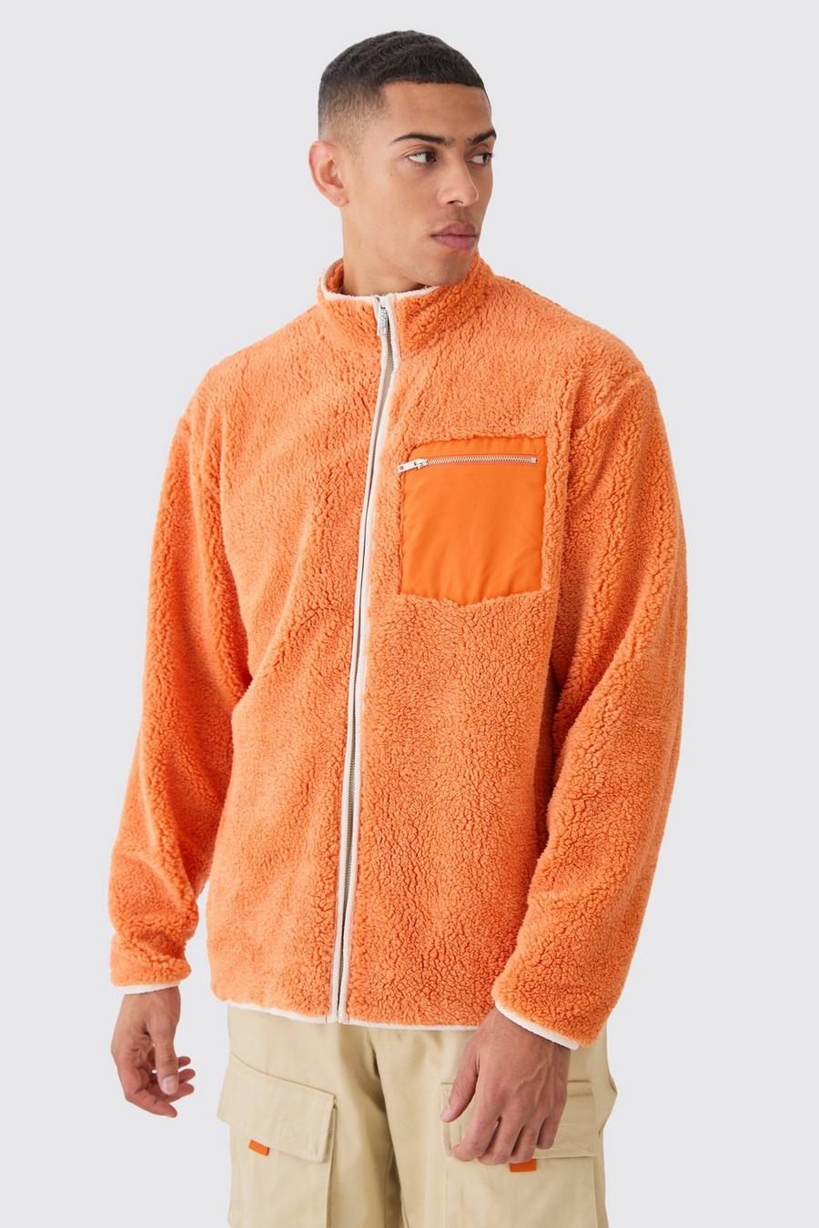 Orange Oversized Contrast Borg Jacket