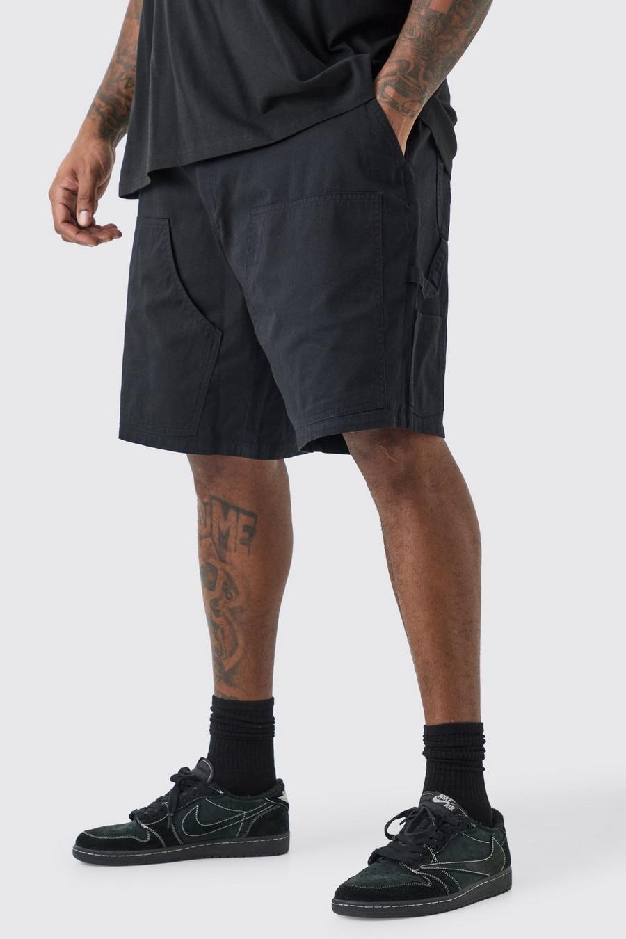 Pantaloncini Plus Size stile Carpenter in twill slavato con vita fissa, Black image number 1