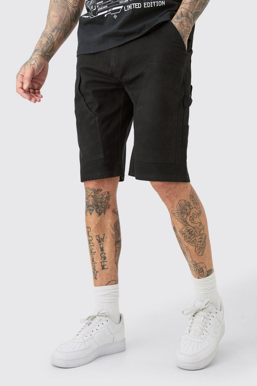 Pantalón corto Tall estilo carpintero de sarga desteñido con cintura fija, Black image number 1