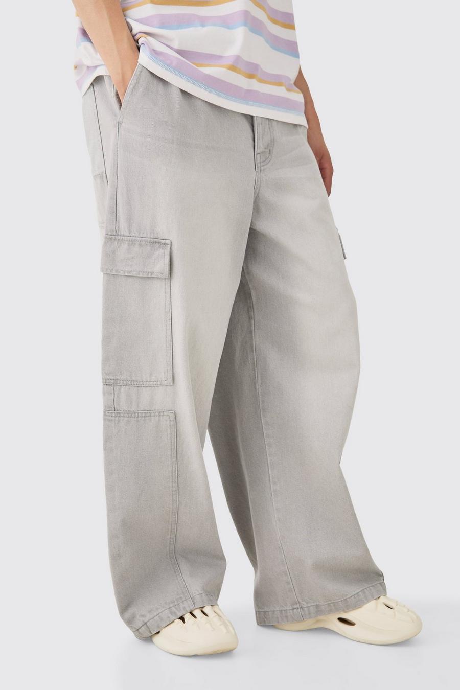 Elasticated Waist Extreme Wide Fit Cargo Jeans In Grey image number 1