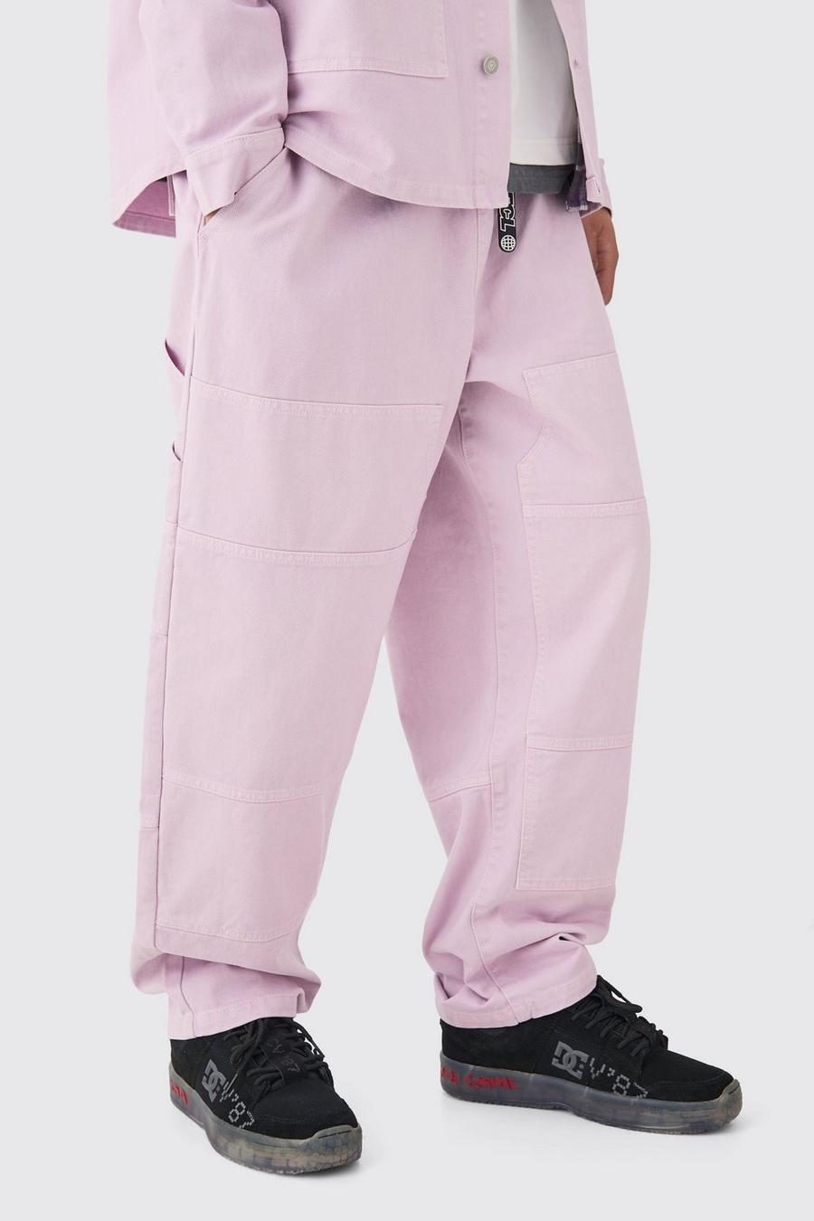 Jeans stile Carpenter in denim stropicciato con vita elasticizzata e sovratinti lilla, Lilac