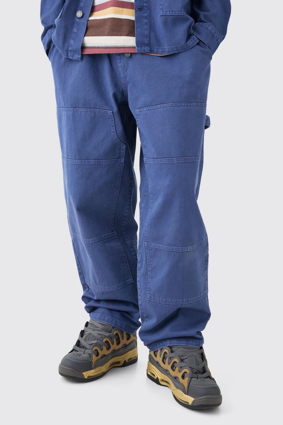 Baggy Rigid Elastic Waist Denim Carpenter Jeans In Dark Blue image number 1