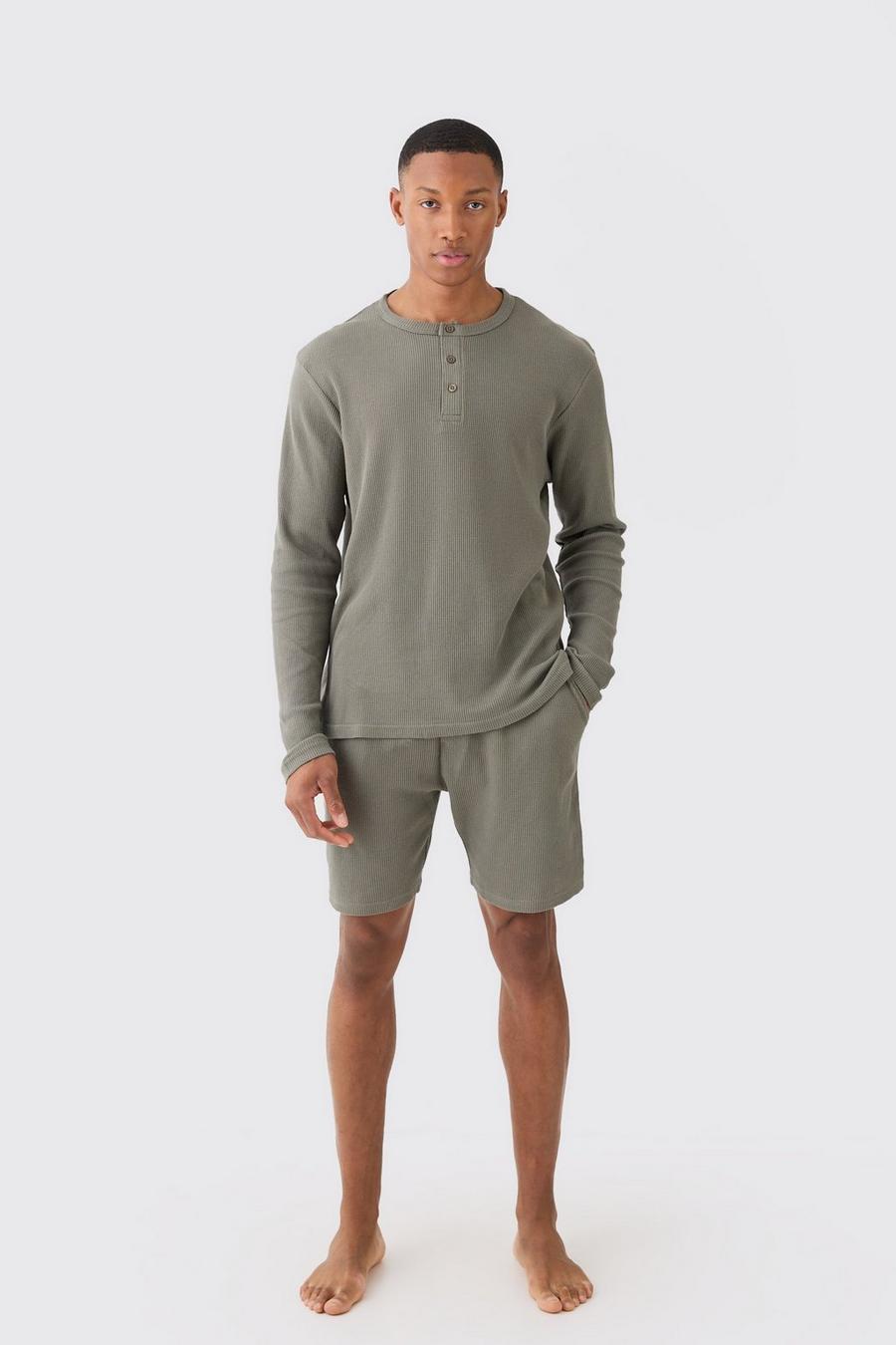 Khaki Långärmad topp och shorts med struktur