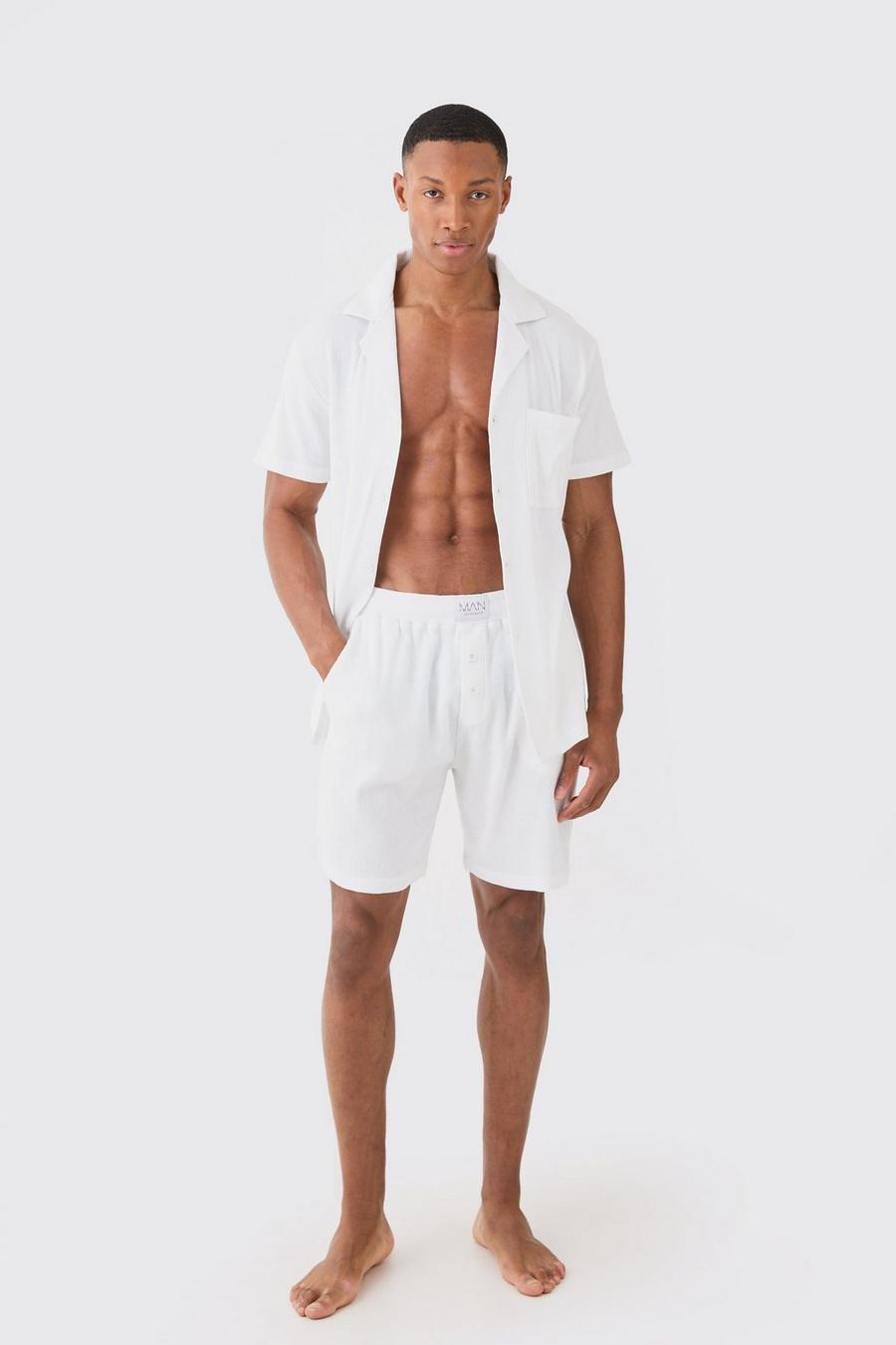 White Wafel Gebreid Lounge Overhemd En Shorts Set In Wit