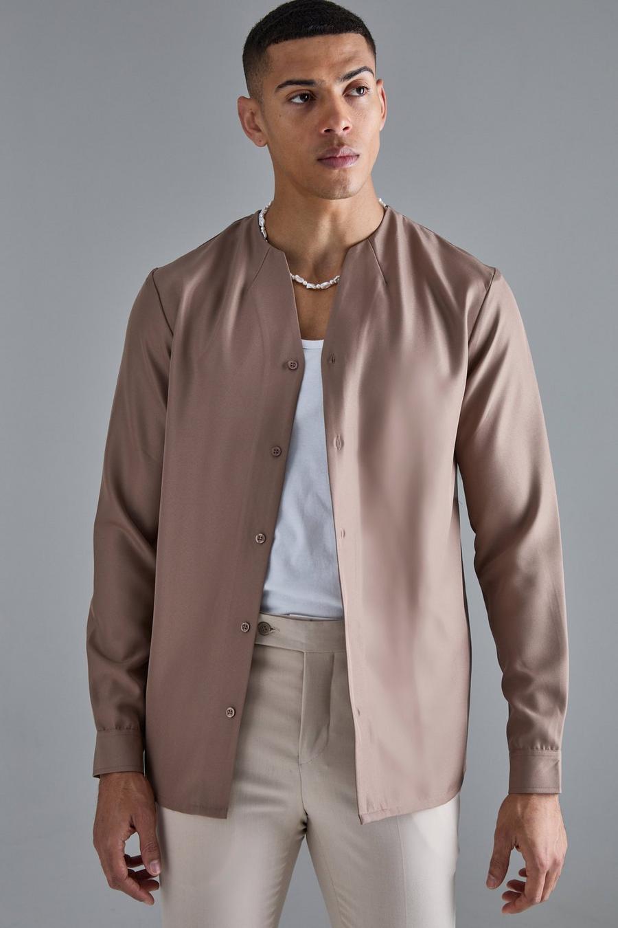 Long Sleeve Open Neck Soft Twill Shirt, Taupe