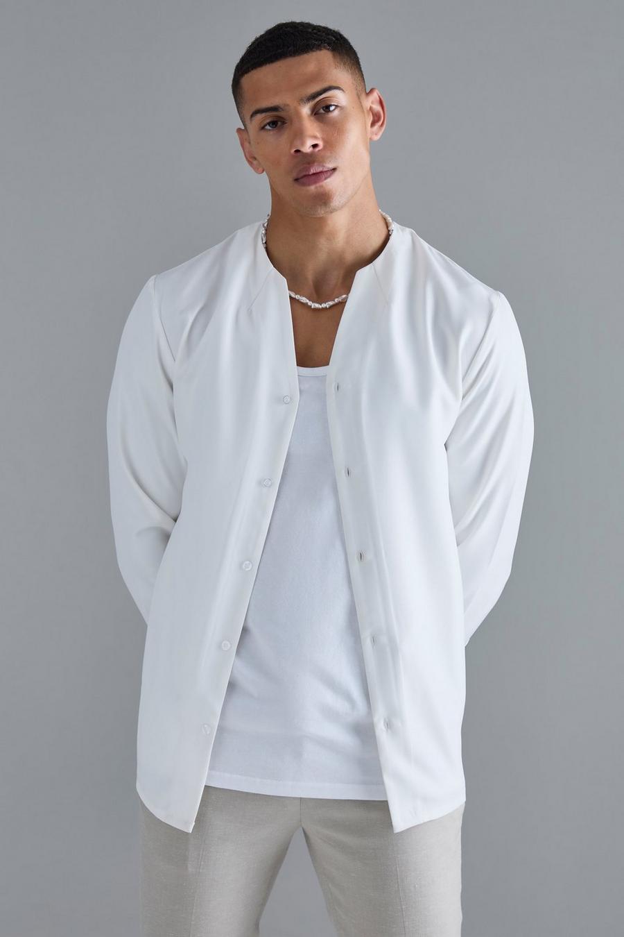 Camisa de manga larga y sarga suave con cuello abierto, White image number 1