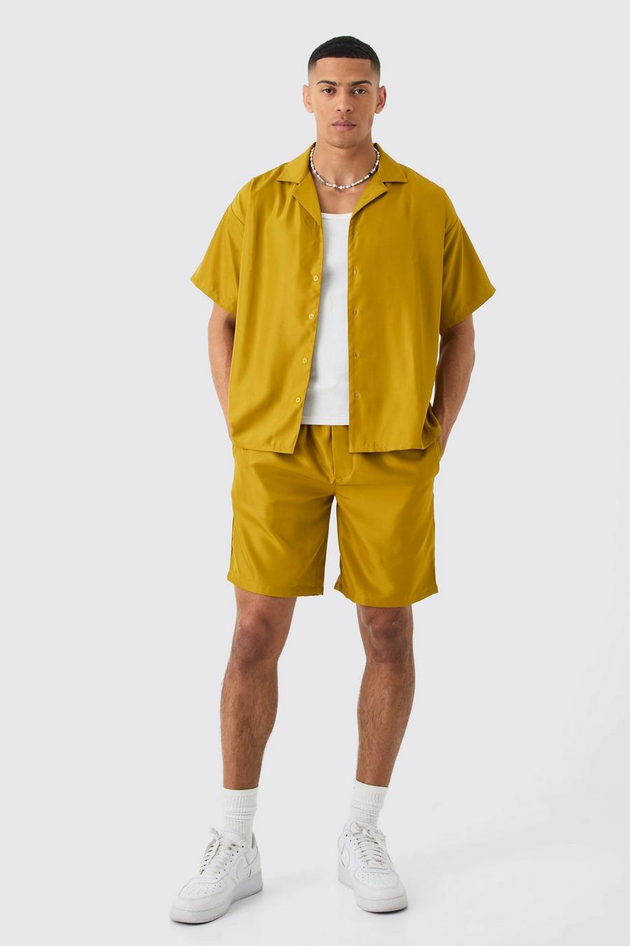 Mustard Zacht Boxy Keperstof Overhemd Met Korte Mouwen En Shorts
