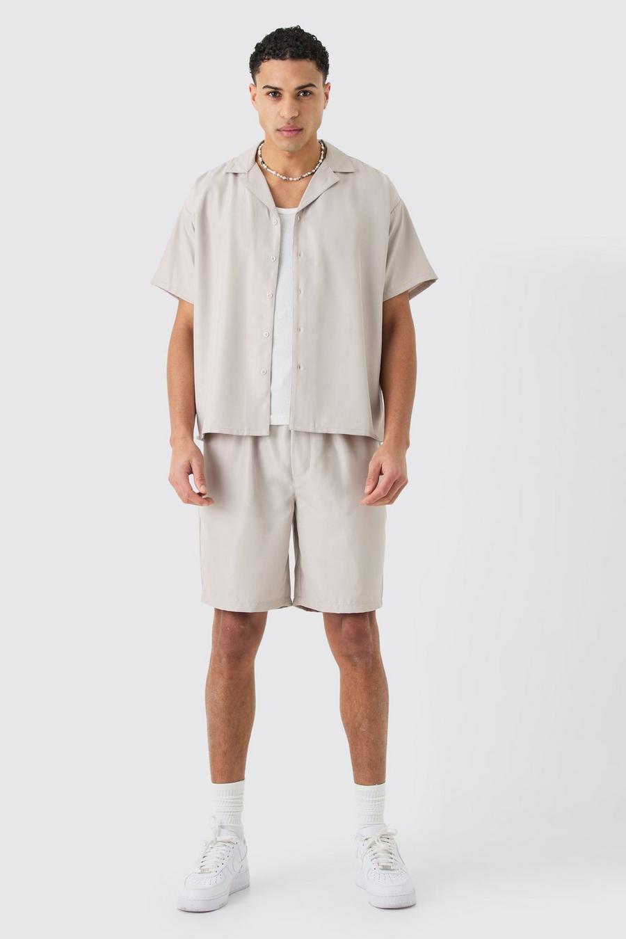 Pale grey Zacht Boxy Keperstof Overhemd Met Korte Mouwen En Shorts