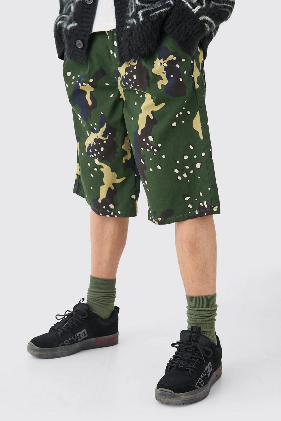 Camouflage Jorts mit Komfort-Bund und Gürtel, Khaki