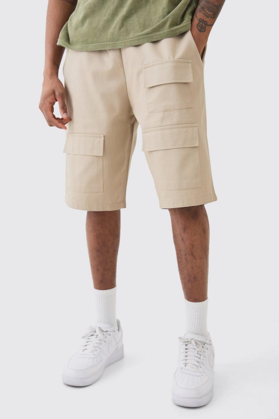 Stone Tall Baggy Keperstof Utility Shorts Met Elastische Taille
