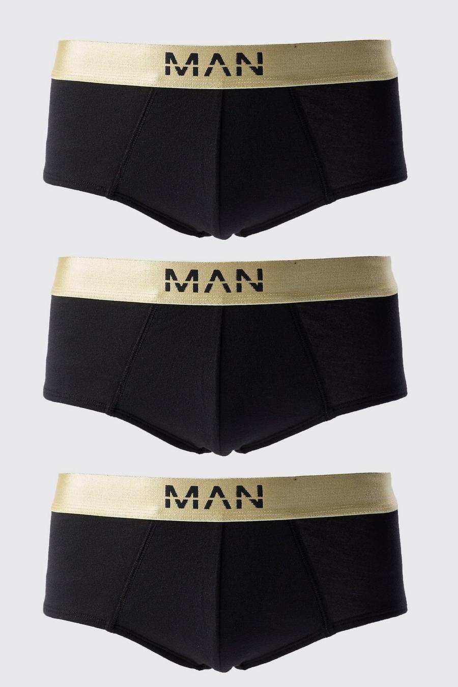 Pack de 3 calzoncillos negros con cintura dorada y letras MAN, Black