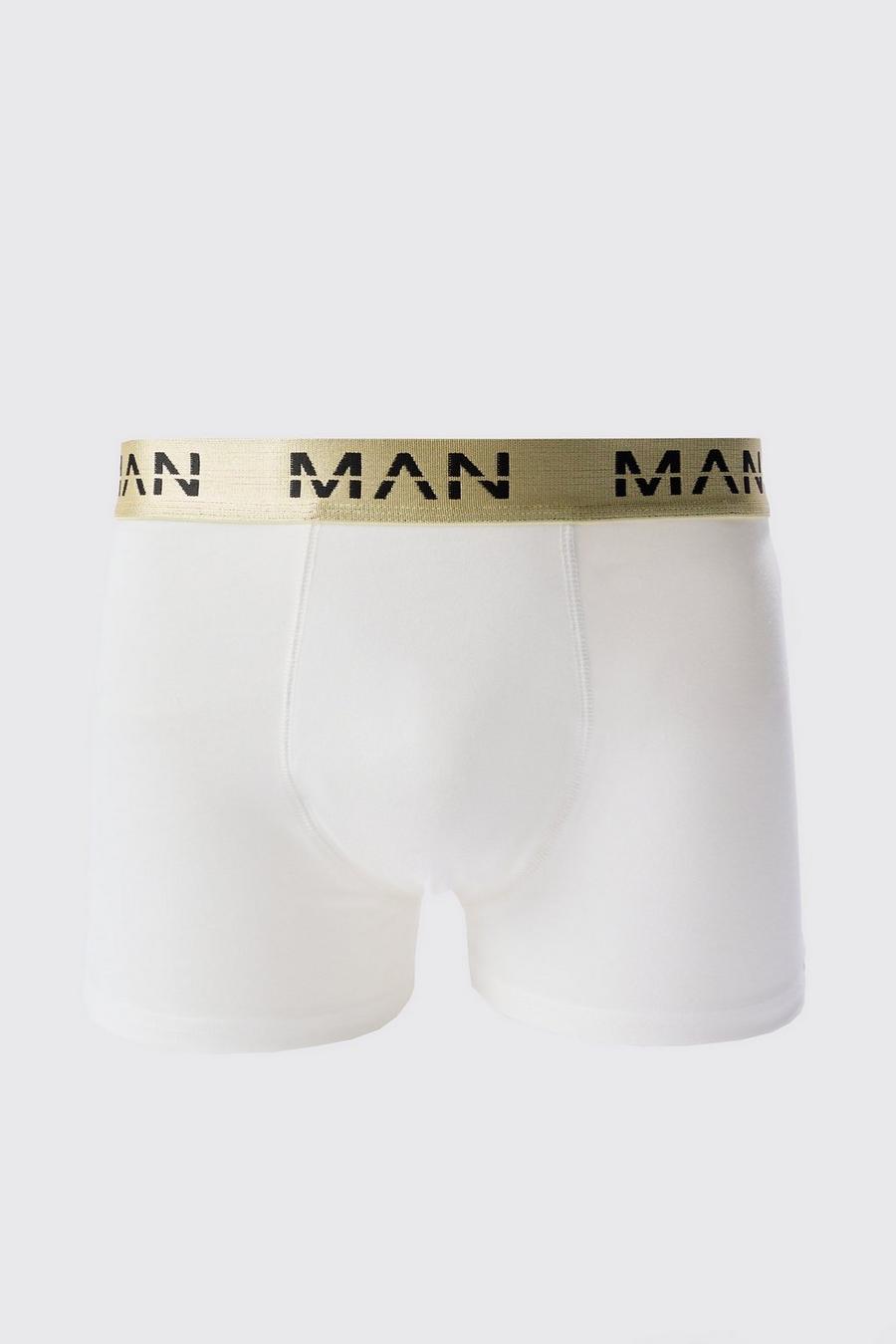 Bóxers blancos con cintura romana y letras MAN romanas doradas, White