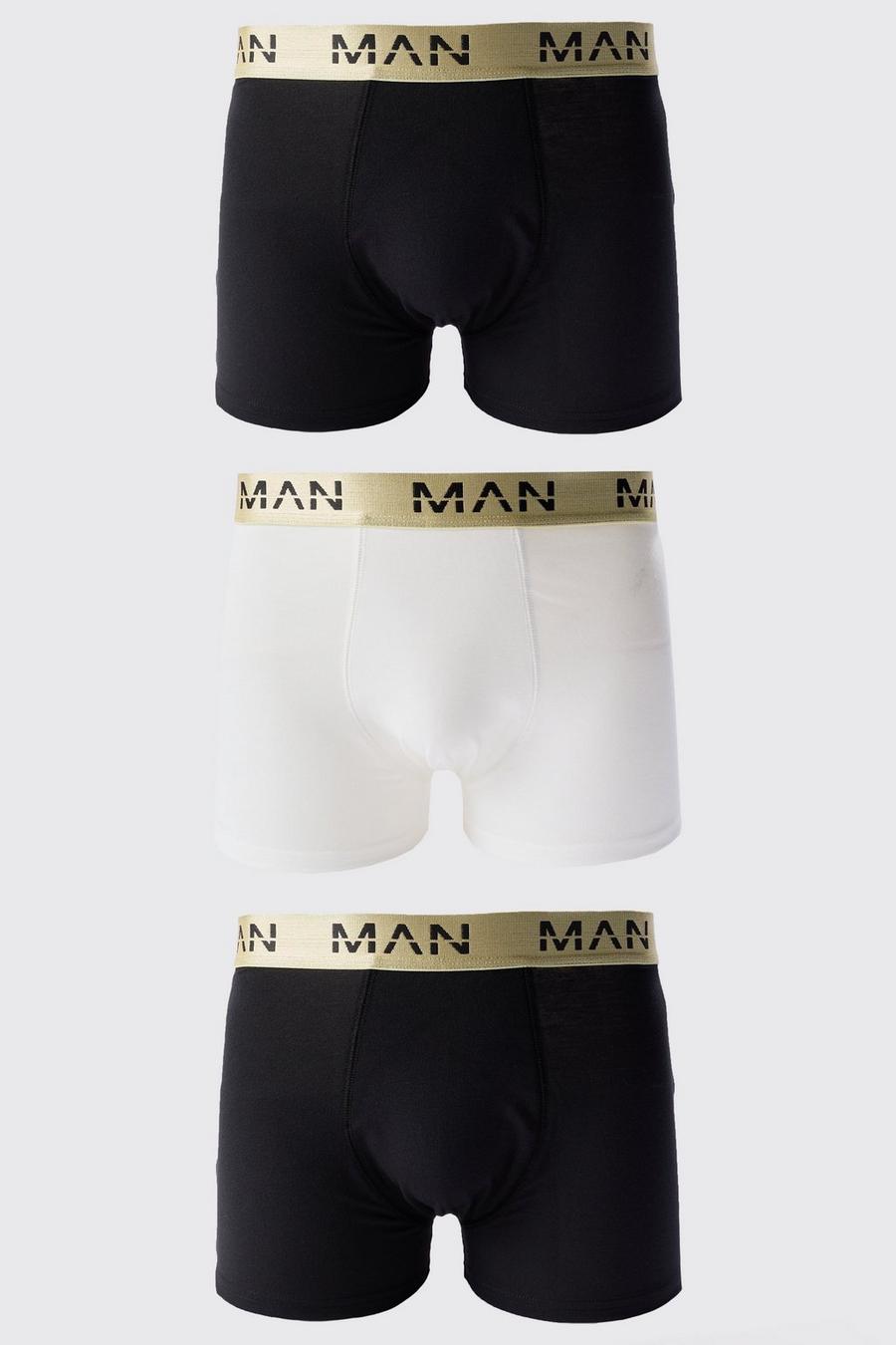 Boxer Man con caratteri romani color oro e fascia in vita - set di 3 paia, Multi
