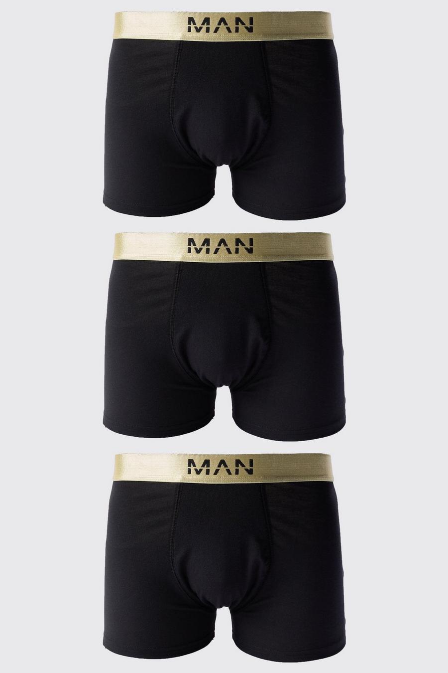 Pack de 3 bóxers negros con cintura dorada y letras MAN, Black image number 1
