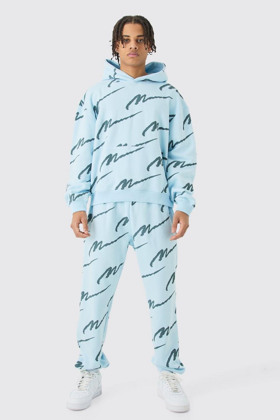 Light blue Man Signature All Over Print Boxy Hooded Tracksuit