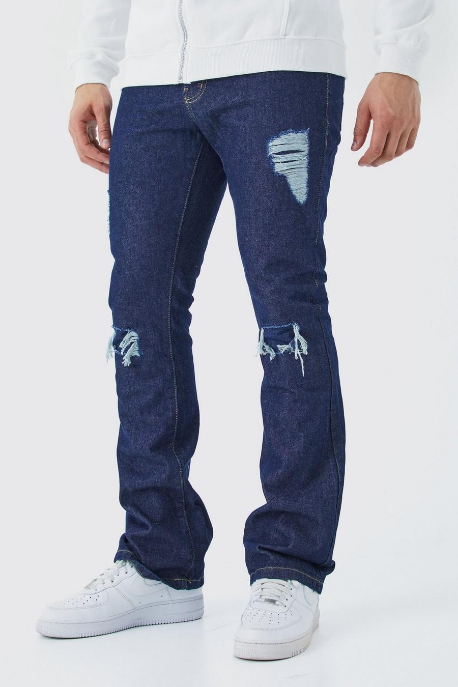 Jeans a zampa Slim Fit con strappi & rattoppi, Indigo