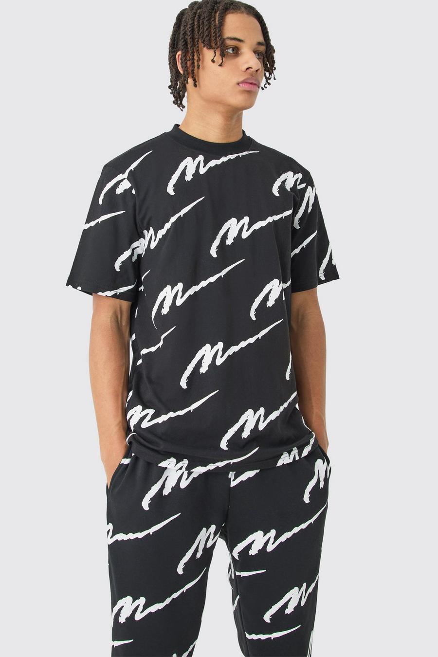Man Signature T-Shirt und Jogginghosen Set mit Print, Black image number 1