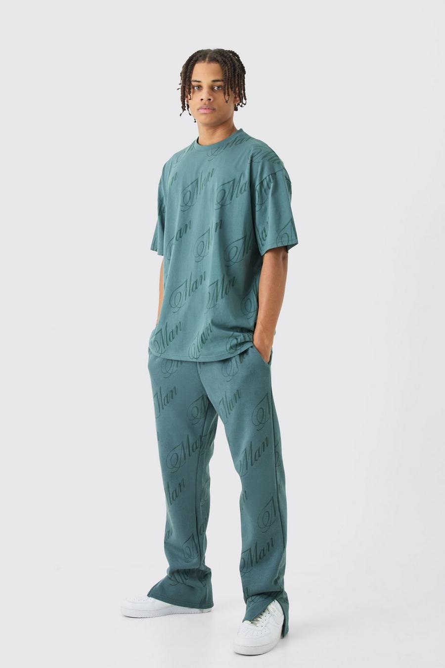 Conjunto de pantalón deportivo y camiseta con abertura en el bajo y estampado MAN, Slate blue