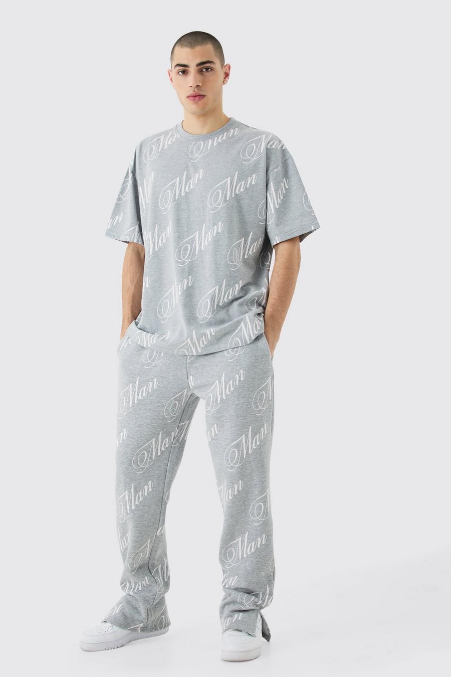 Grey marl Man T-Shirt Met Tekst En Split En Joggingbroek Set