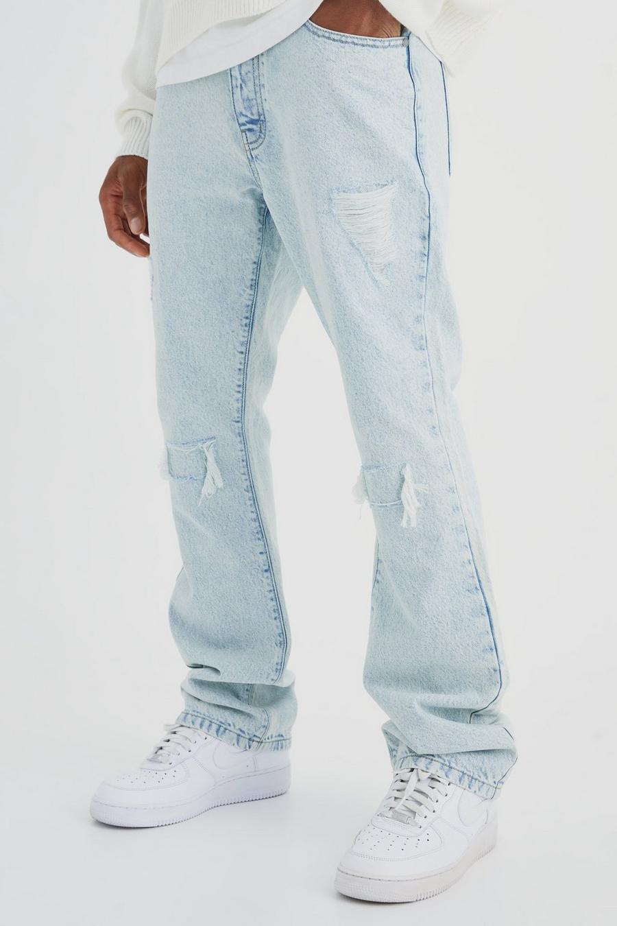 Ice blue Slitna slim fit jeans med lagningar