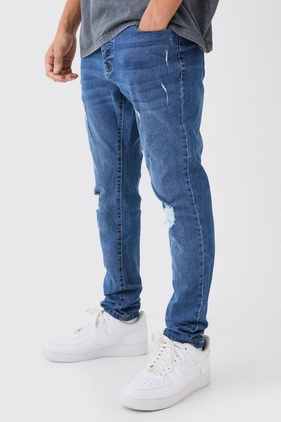 Mid blue Stretch Skinny Jeans Met Extreem Gescheurde Knieën