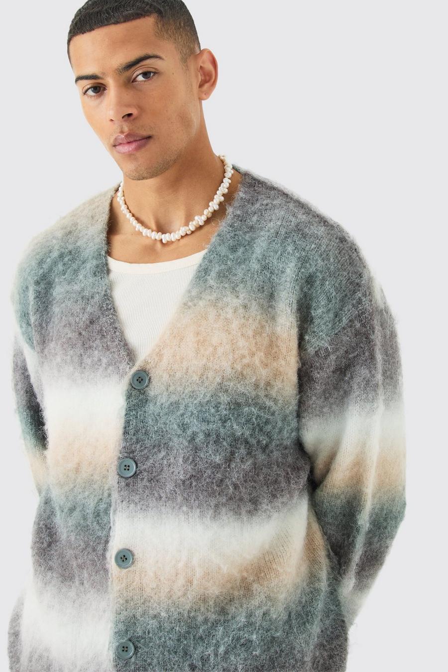 Sage Boxy Fit Knitted Brushed Stripe Cardigan