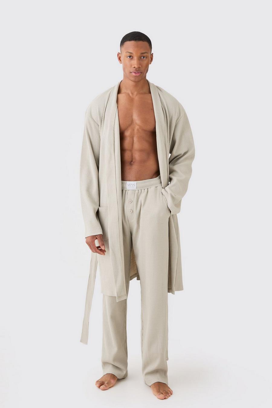 Waffle Robe & Relaxed Fit Bottoms In Stone