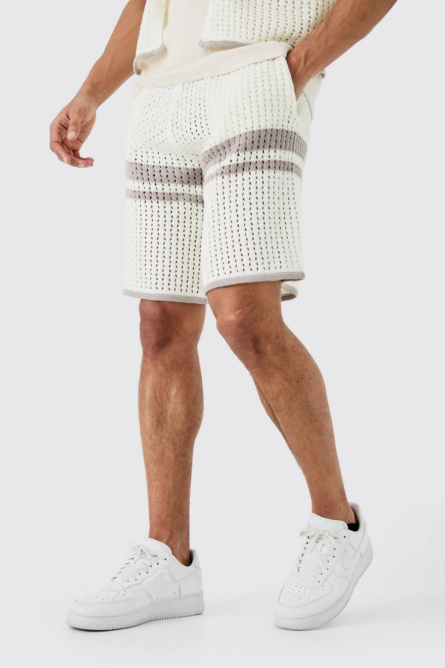 Stone Relaxed Open Stitch Statement Stripe Knitted Short