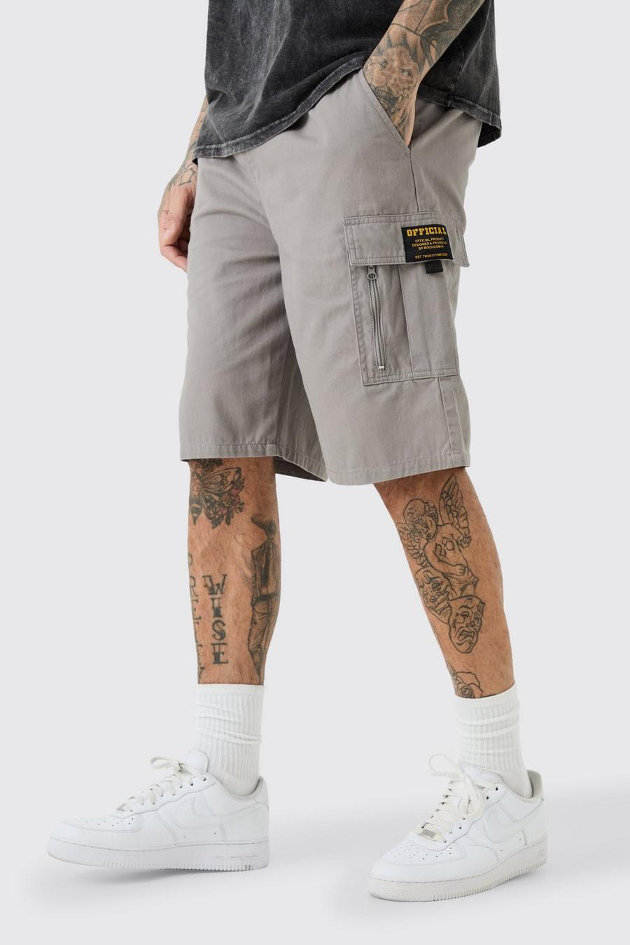 Grey Tall Baggy Keperstof Cargo Shorts Met Rits En Label En Tailleband image number 1