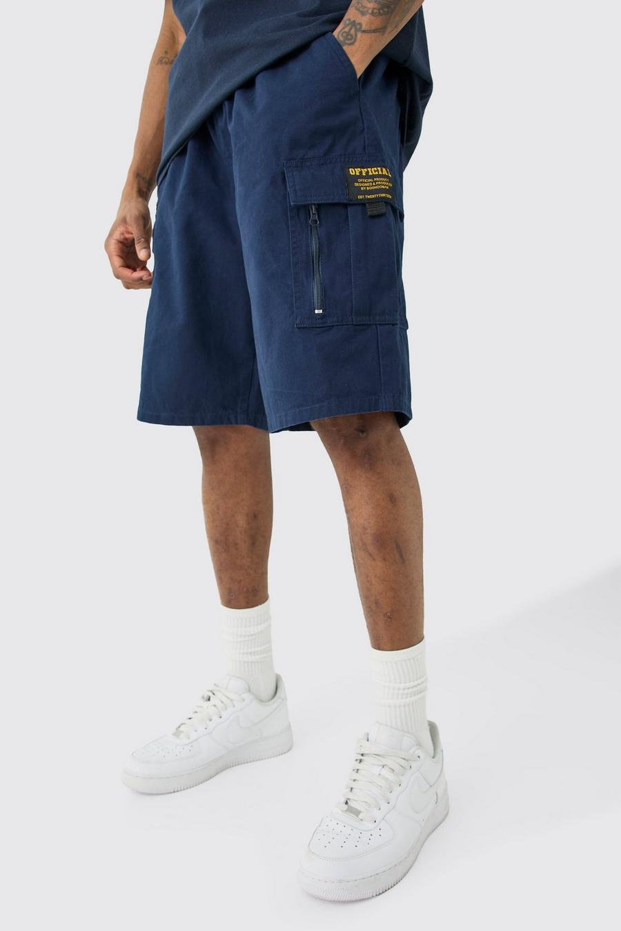 Navy Tall Fixed Waist Twill Relaxed Cargo Zip Detail Tab Short  image number 1