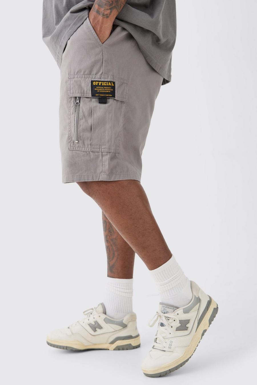 Grey Plus Baggy Keperstof Cargo Shorts Met Rits En Label
