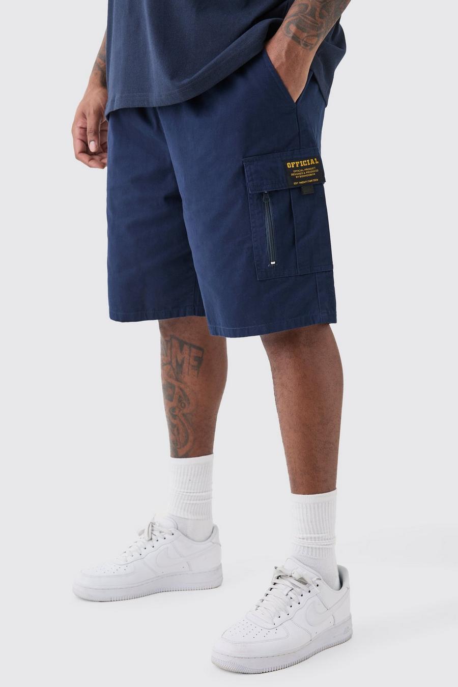 Navy Plus Baggy Keperstof Cargo Shorts Met Rits En Label