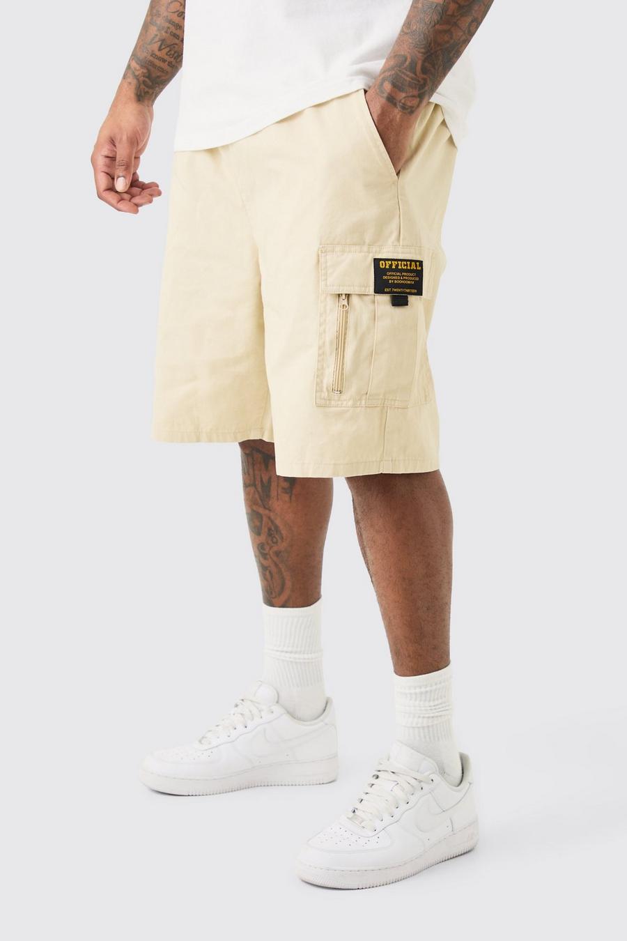 Stone Plus Fixed Waist Twill Relaxed Cargo Zip Detail Tab Short 