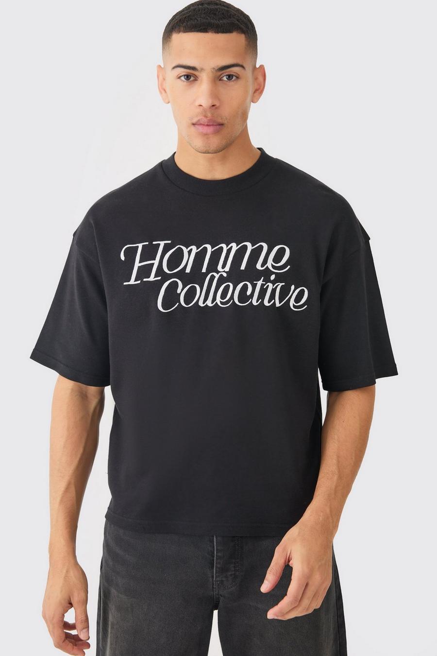 T-shirt squadrata oversize pesante con ricamo Homme, Black