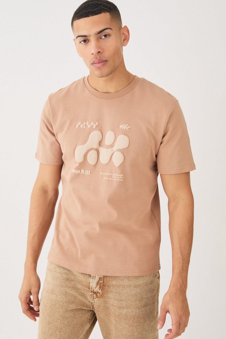 T-shirt pesante con stampa astratta a caratteri arrotondati, Light brown image number 1