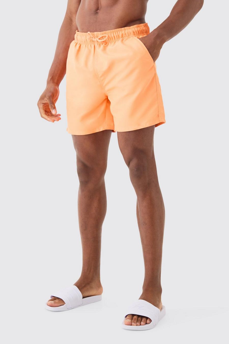 Neon-orange Plain Mid Length Swim Short  