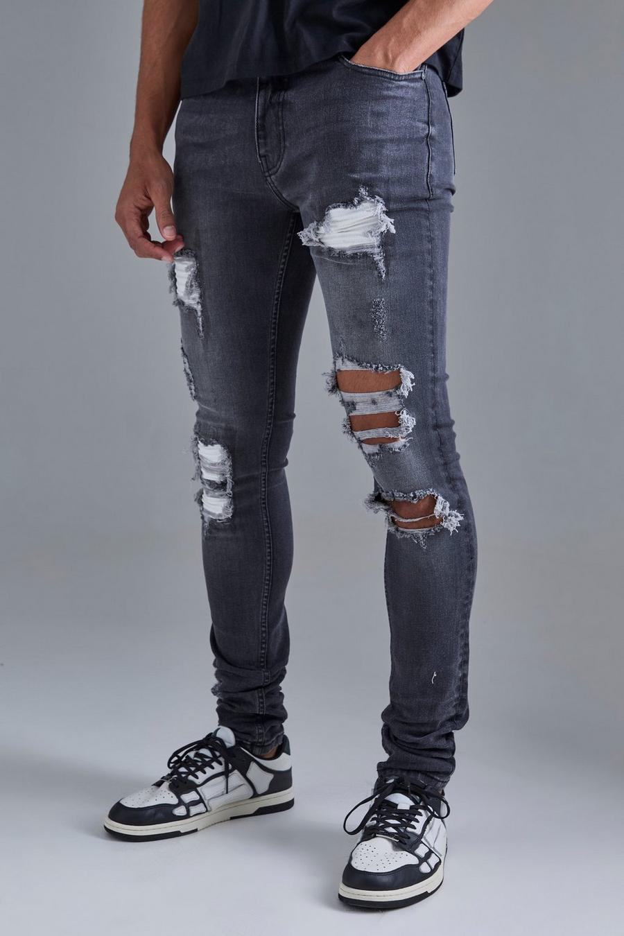 Jeans stile Biker Skinny Fit Stretch bianchi in PU con pieghe sul fondo e strappi & rattoppi, Grey