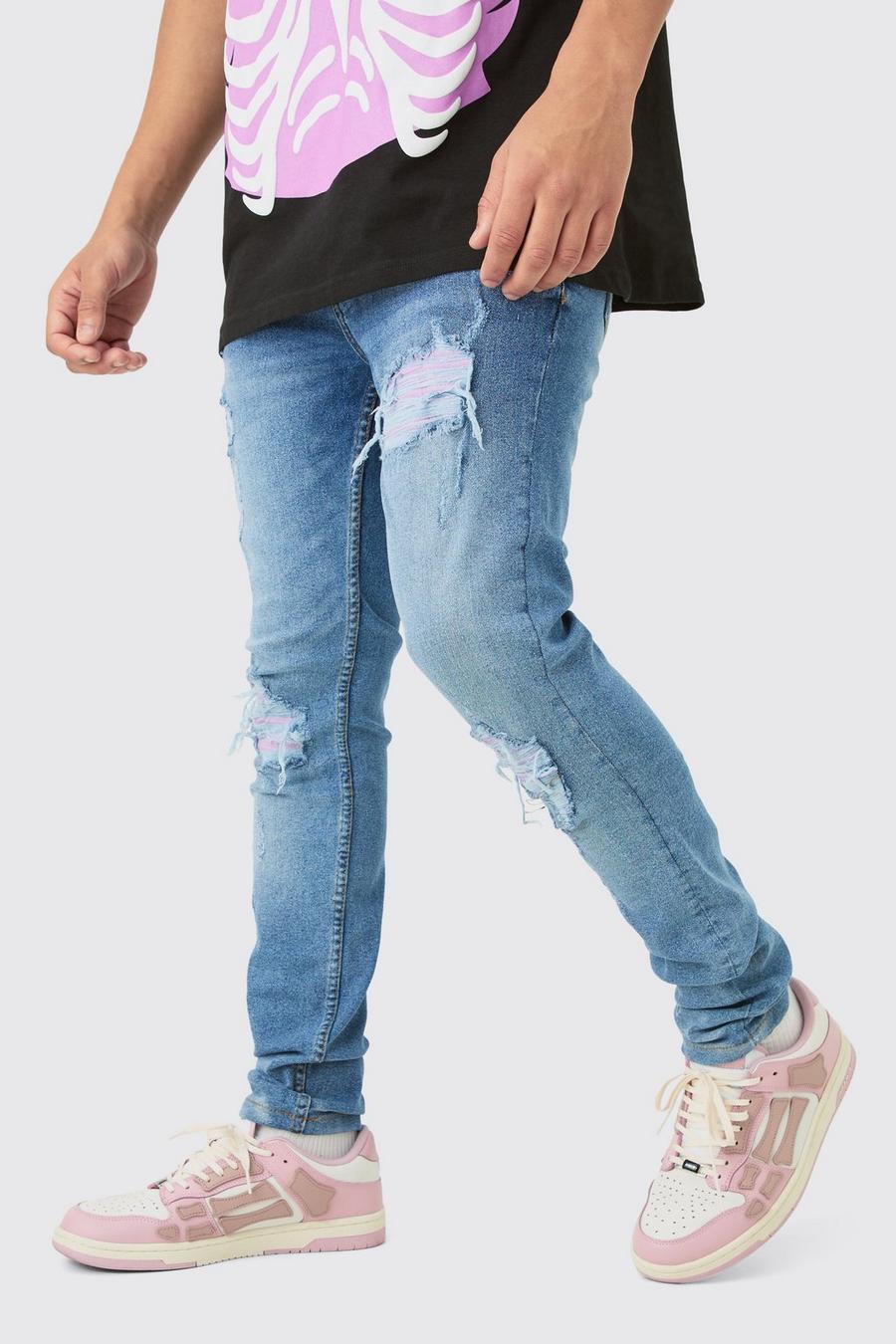 Jeans da Biker Skinny Fit in PU Stretch lilla con strappi & rattoppi, Light blue