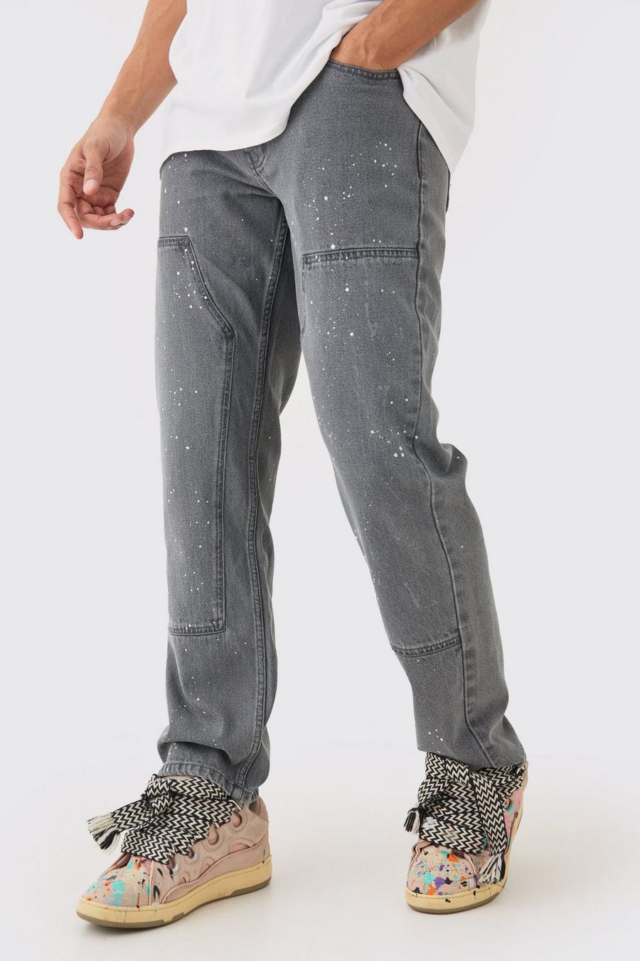 Jeans rilassati in denim rigido sovratinti con schizzi di colore stile Carpenter, Grey