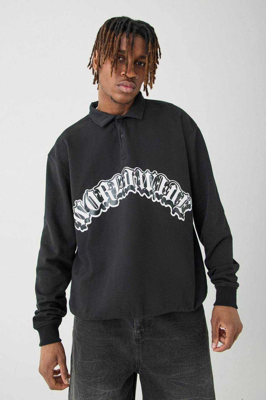 Black Tall Oversized Heavy Loopback Worldwide Rugby Shirt