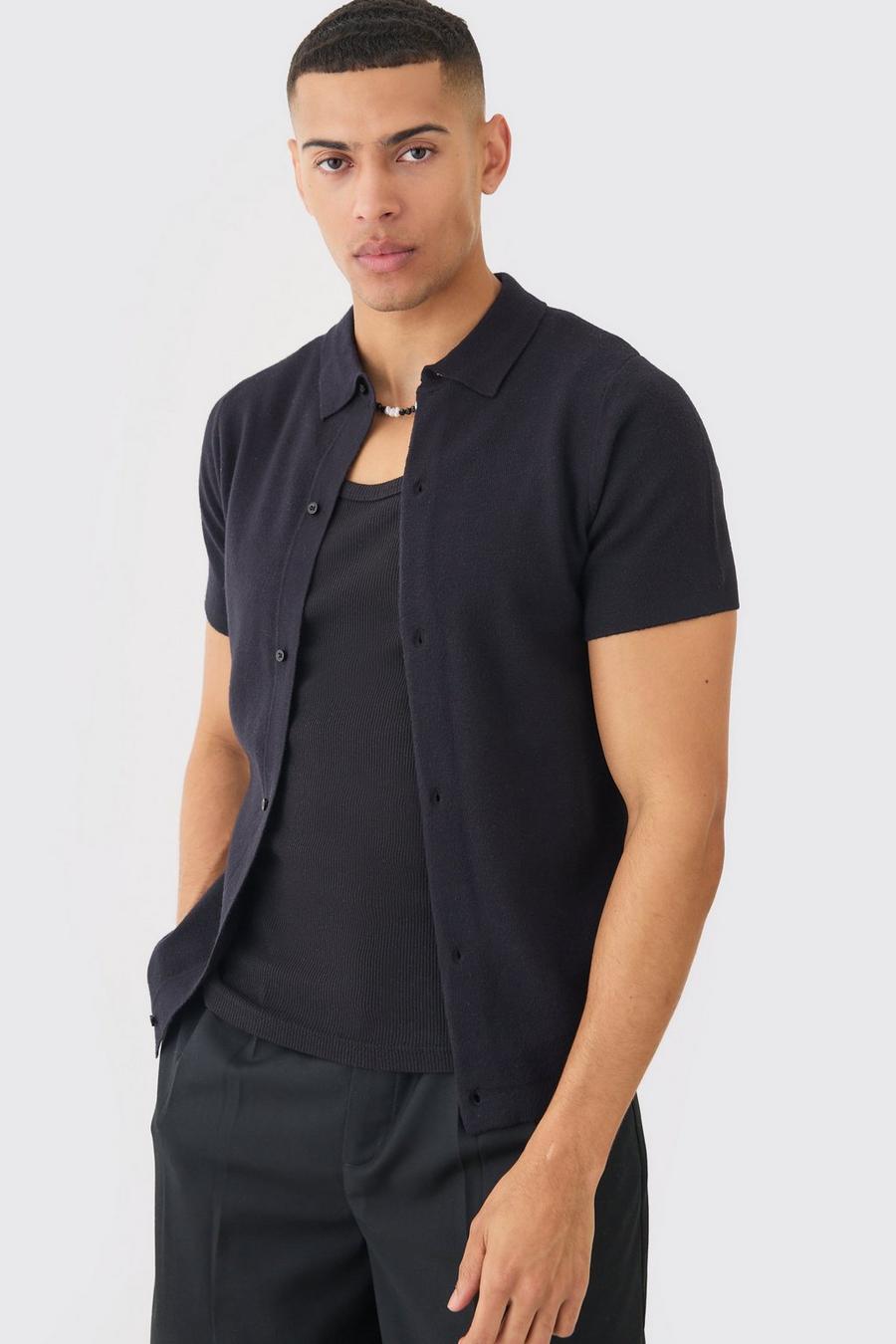 Black Gebreid Regular Fit Overhemd Met Korte Mouwen