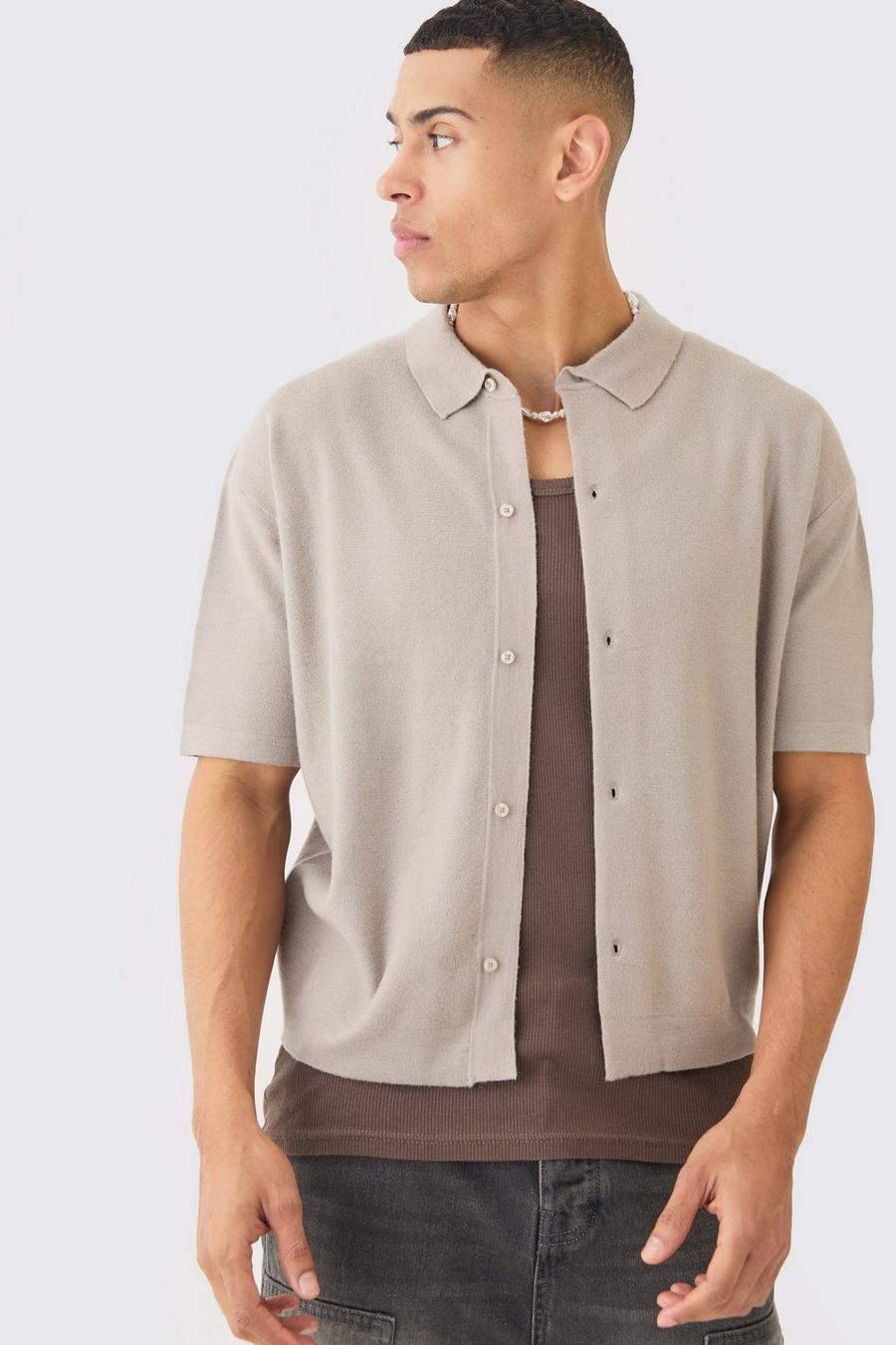 Oversized Boxy Fit Short Sleeve Knitted Shirt, Light grey